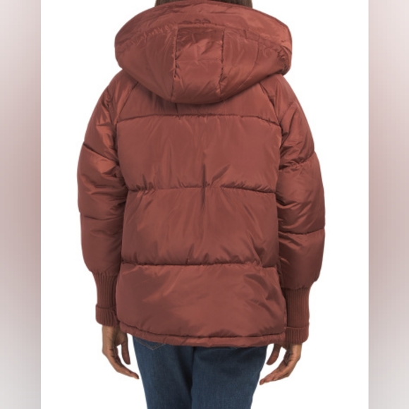 SAM EDELMAN Shirt Knit Trim Puffer Coat, Hooded, Large, Barn Red,NWT - Picture 3 of 14